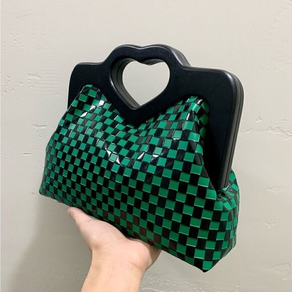 Handmade Genuine Cowhide Check Embossed, Chic Heart Shaped Wooden Frame Satchel - Picture 12 of 16